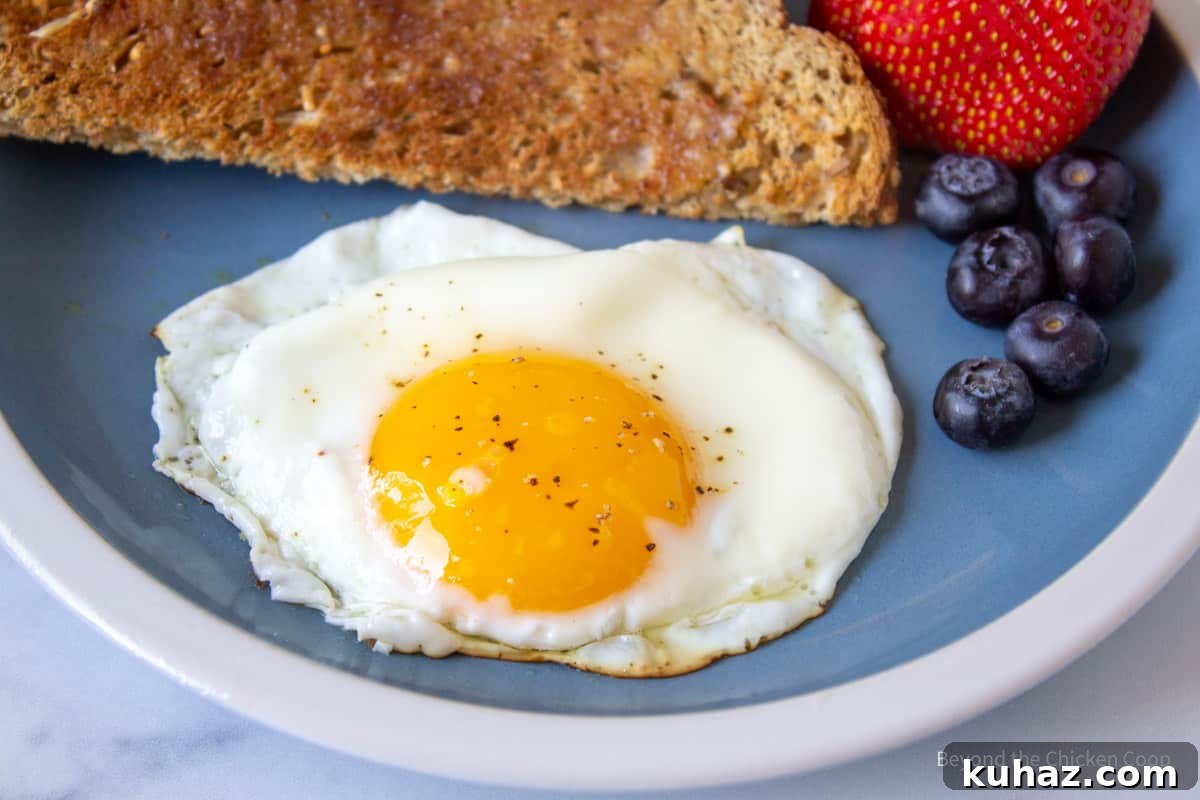 How to Make Perfect Sunny Side Up Eggs 6 A sunny side up egg with fruit and toast.