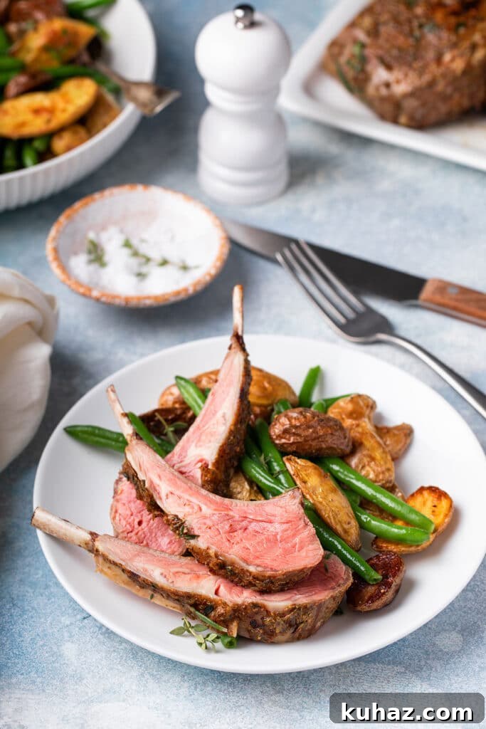 Individually cut lamb chops served with roasted potatoes and green beans