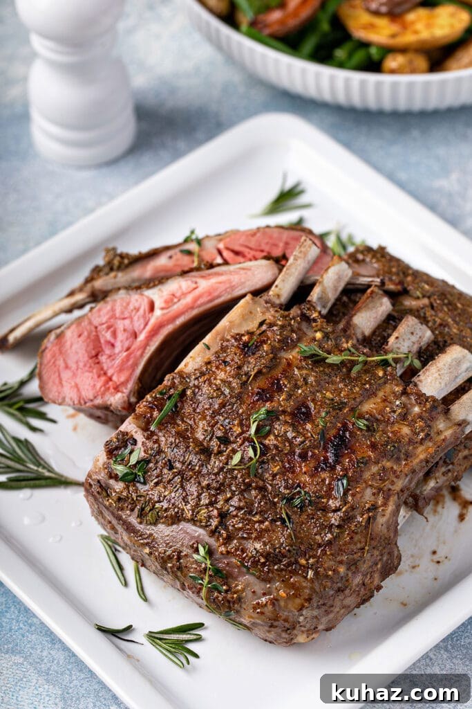two golden brown roasted lamb racks with 2 ribs cut off.