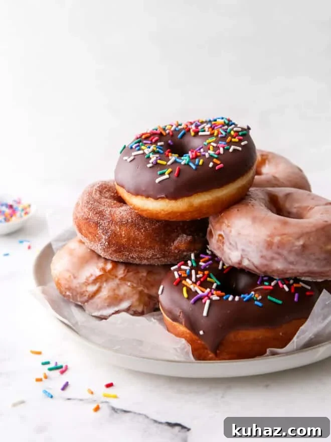 yeast-raised doughnuts stacked on a plate