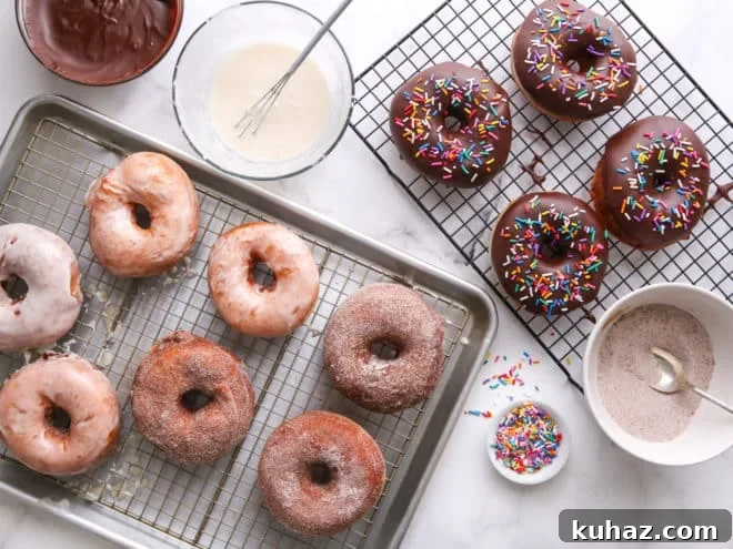 doughnuts with three toppings, cinnamon-sugar, chocolate and sprinkles, and vanilla glaze