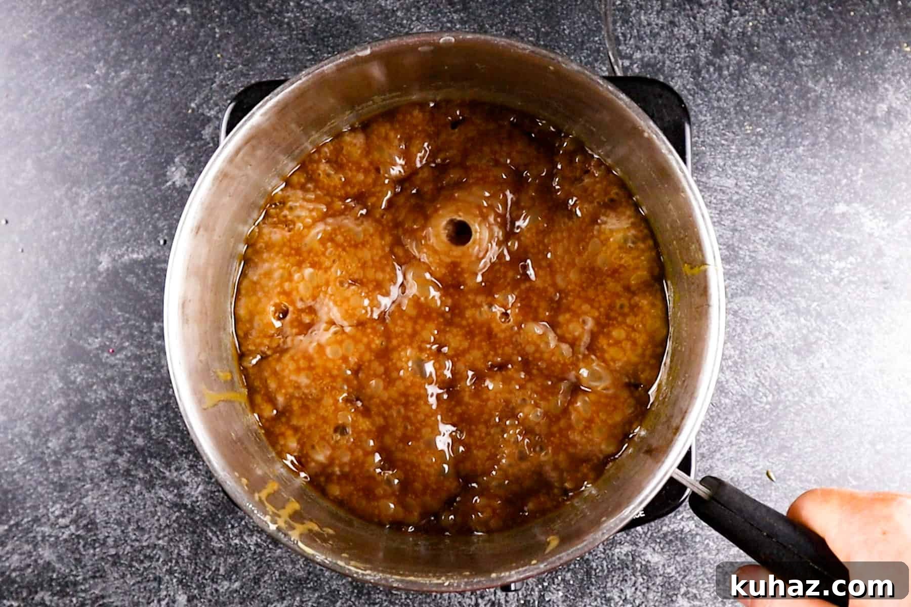 Spicy Buffalo Popcorn Recipe 6 caramel in sauce pan boiling