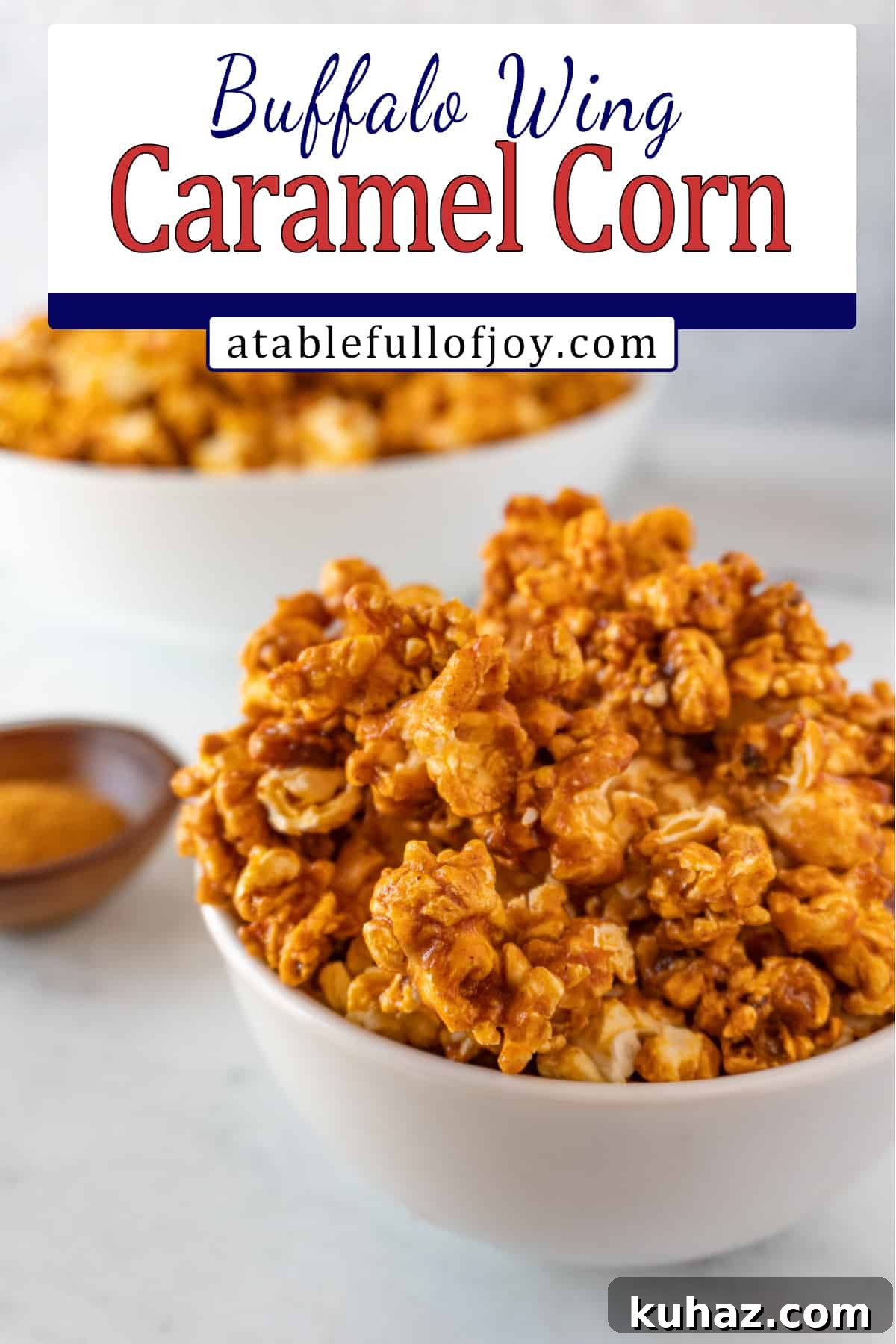 Spicy Buffalo Popcorn Recipe 9 buffalo popcorn in bowl with cayenne pepper in background pinterest image