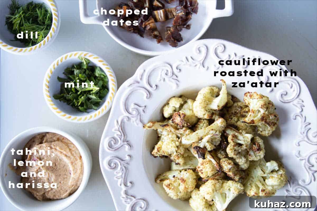 Crispy Roasted Cauliflower with Tahini and Dates 3 Ingredients for making roasted cauliflower with tahini and dates, with text overlay.