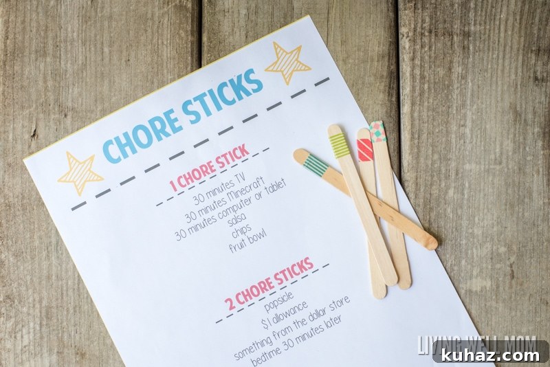 How to Make Chore Sticks for Kids: A System That Works 3 printed list of chores that can be done to earn chore sticks