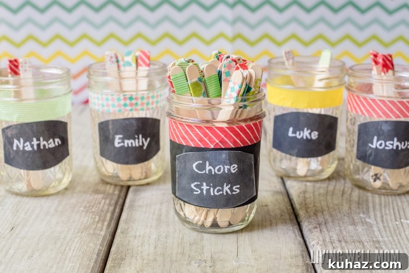 How to Make Chore Sticks for Kids: A System That Works 6 five mason jars for chore system for family