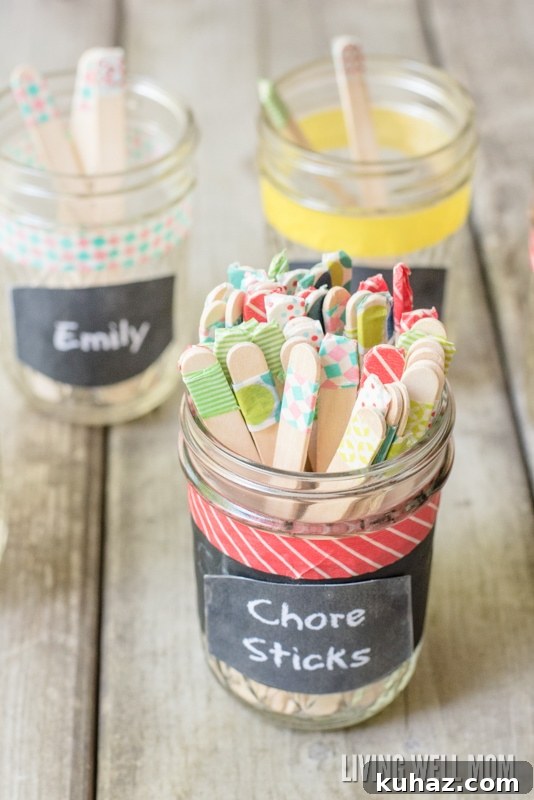 How to Make Chore Sticks for Kids: A System That Works 7 jar of chore sticks personalized with colored tape