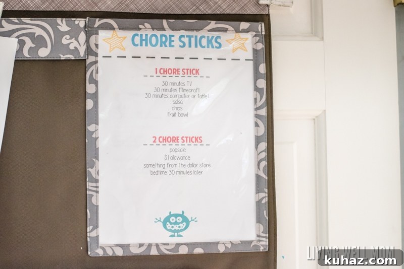 How to Make Chore Sticks for Kids: A System That Works 8 responsibility chart for kids in laminated pouch