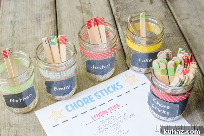 How to Make Chore Sticks for Kids: A System That Works 9 mason jars personalized with name labels