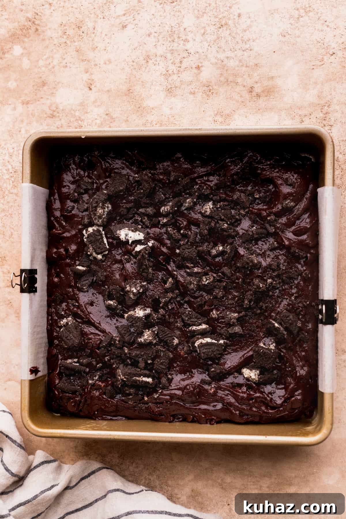 Fudgy Oreo-Stuffed Brownies Recipe 7 Brownie batter in the pan.