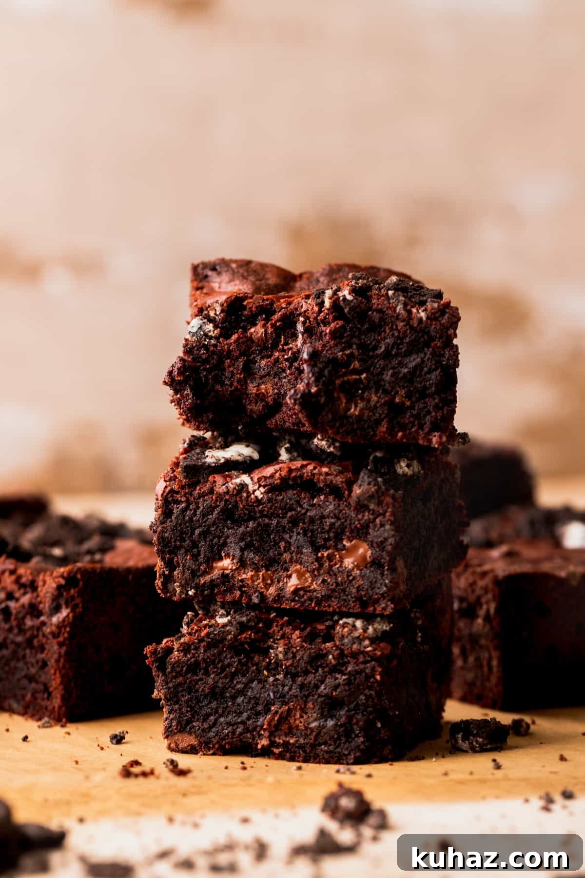 Fudgy Oreo-Stuffed Brownies Recipe 8 Stack of 3 brownies.