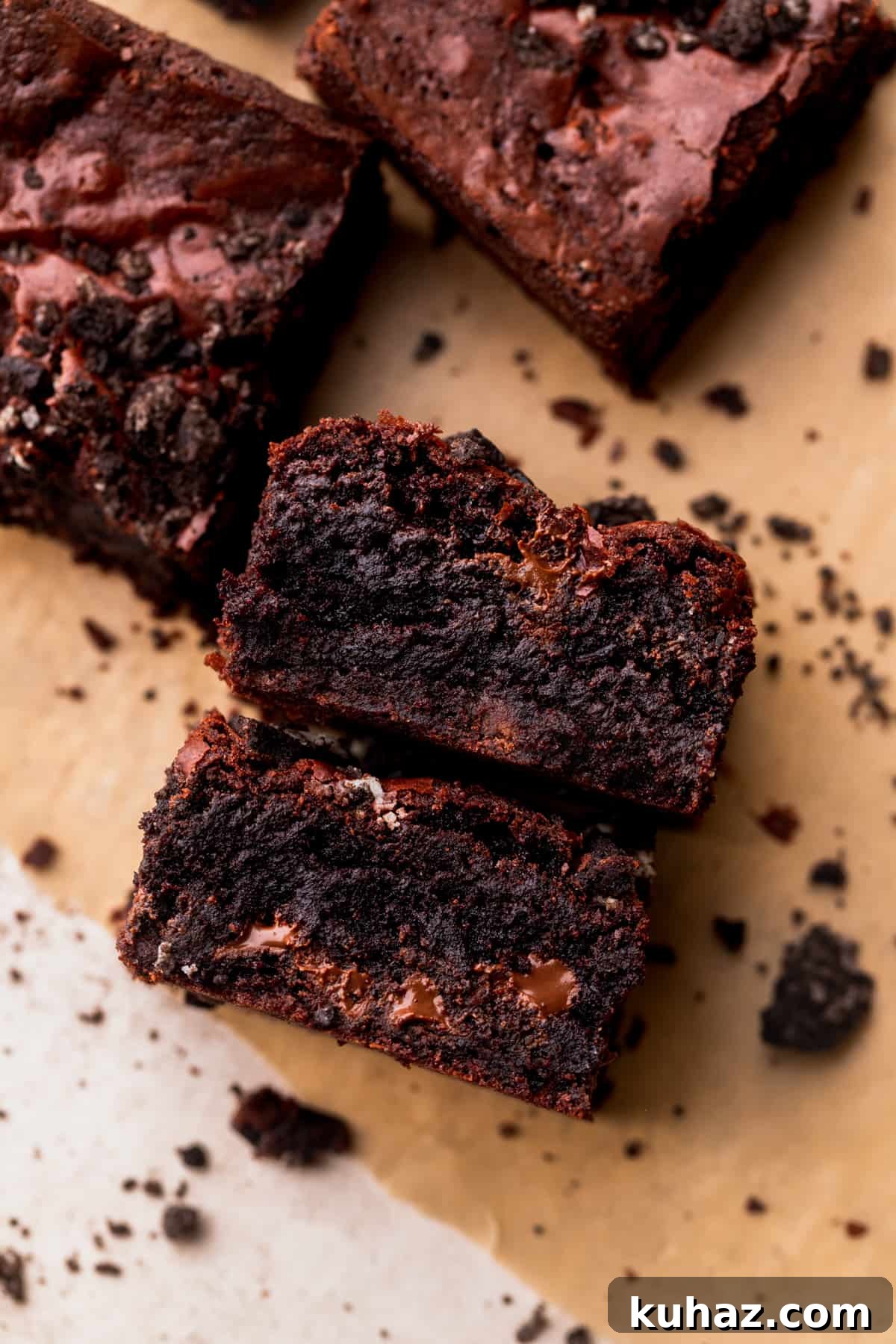 Fudgy Oreo-Stuffed Brownies Recipe 9 Two Oreo brownies on its side.