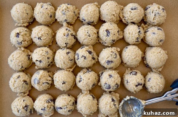 Edible Cookie Dough: Flourless, Eggless Recipe 5 Rows of cookie dough on parchment paper with an ice cream scoop