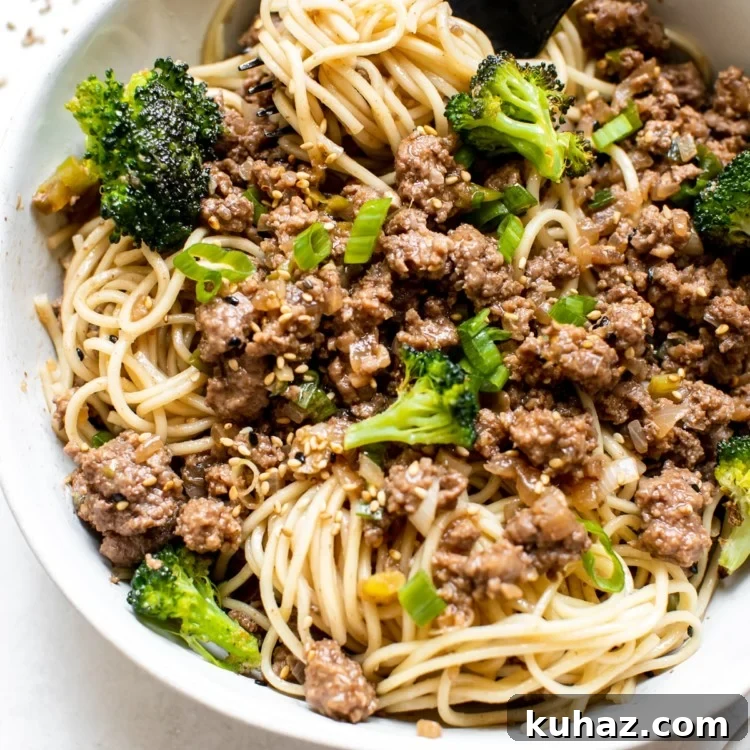 ground beef over noodles in a white bowl