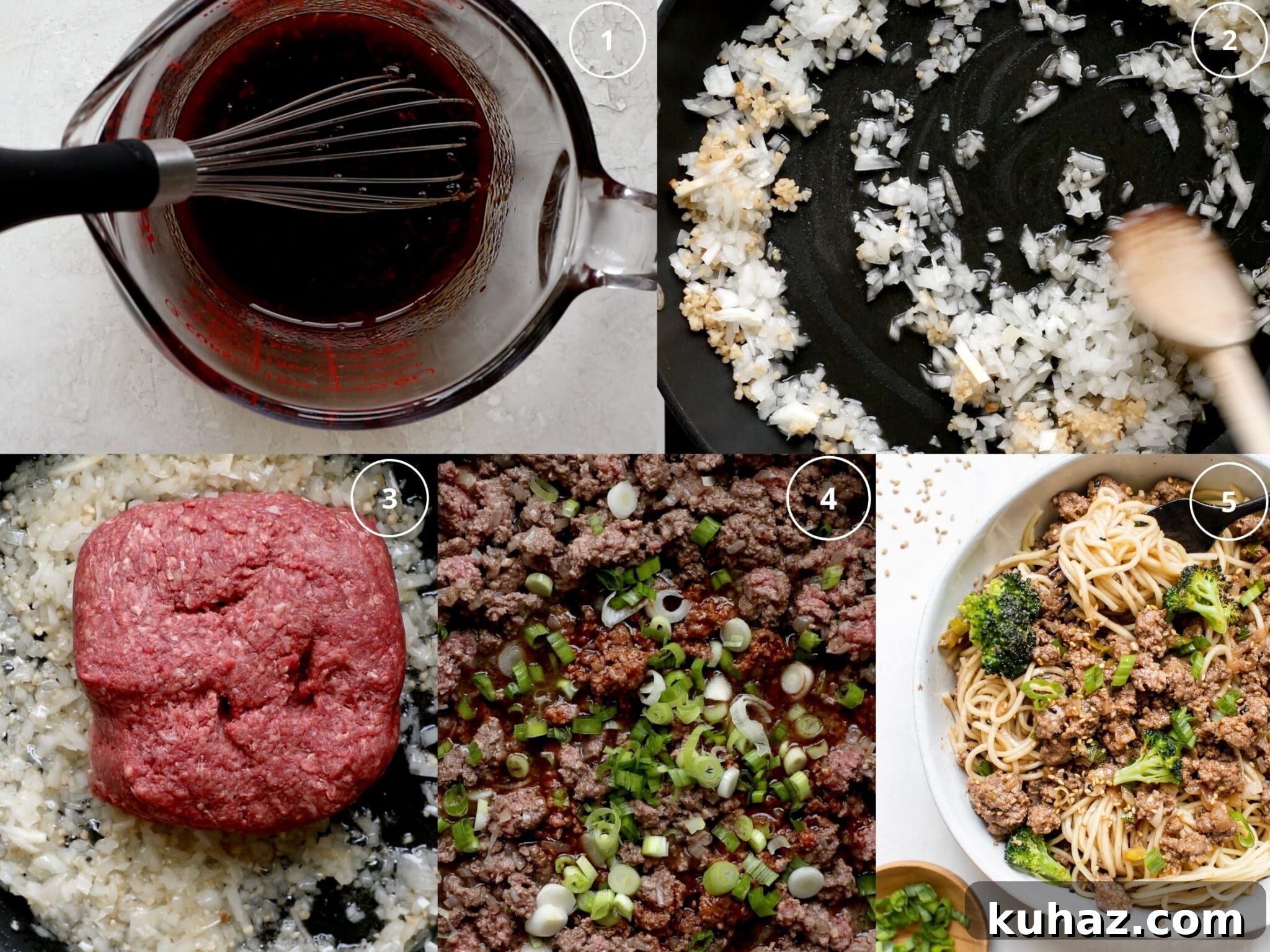 step by step photos making beef with egg noodles in a skillet