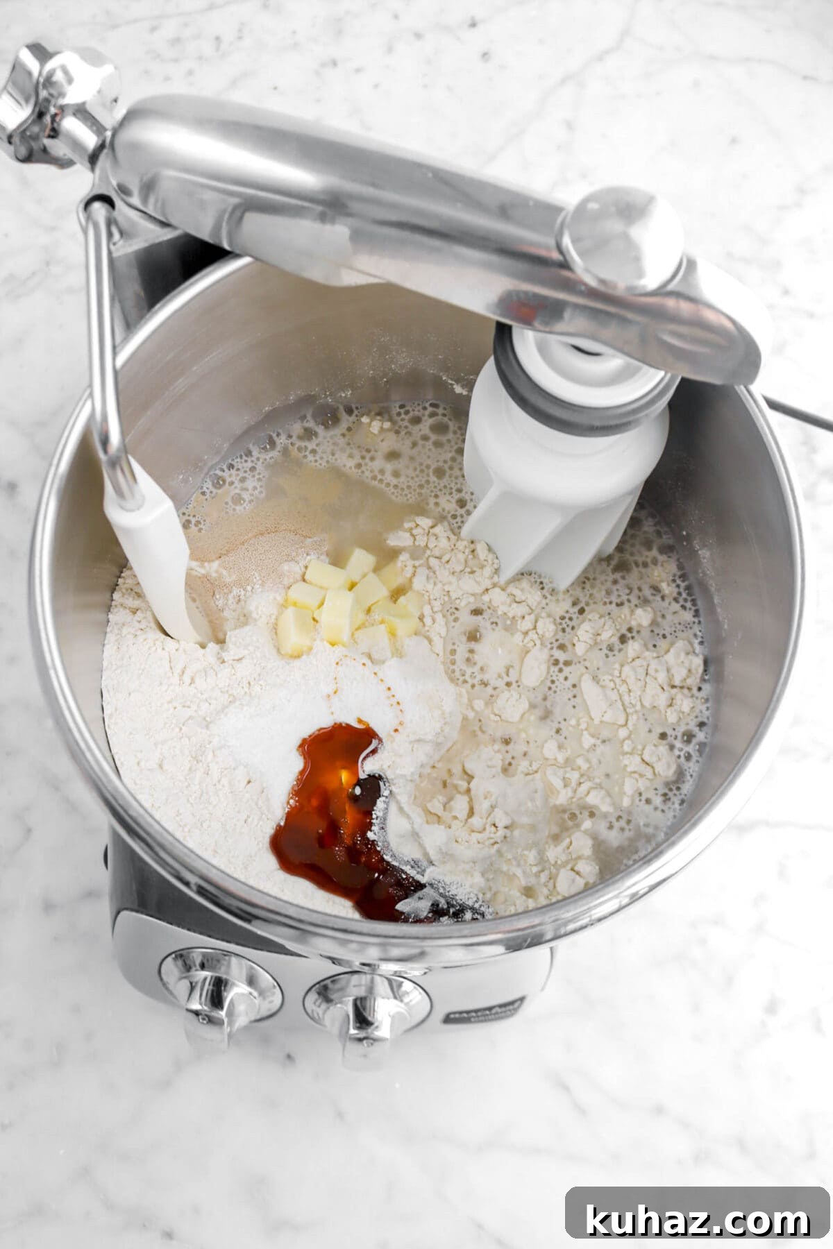 Giant Goat Cheese Stuffed Soft Pretzels 9 flour, water, butter, salt, yeast, and barley malt syrup in stand mixer.