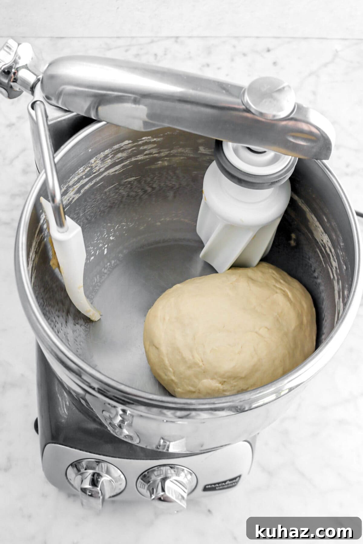 Giant Goat Cheese Stuffed Soft Pretzels 10 dough in stand mixer.
