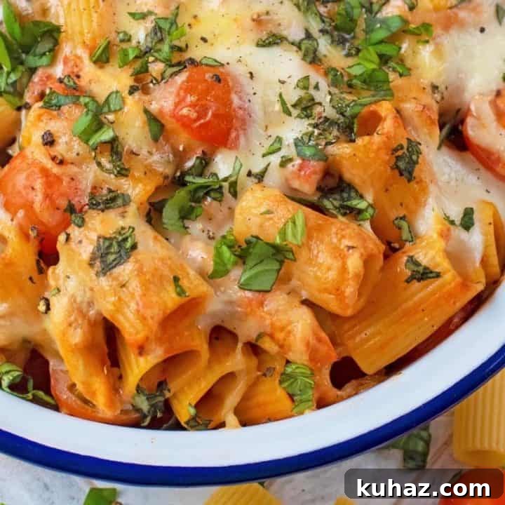 Baked Pasta in a white bowl with blue rim. Raw ingredients surrounding the bowl.