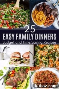 The BEST 25 Family Dinner Recipes perfect for busy weeknights or a weekend gathering with relatives. Pin showing a collage of different family dinner meals with white text in the middle.