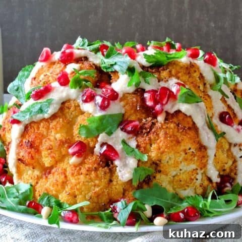 Roasted cauliflower on a white serving platter with sauce and decoration on top.