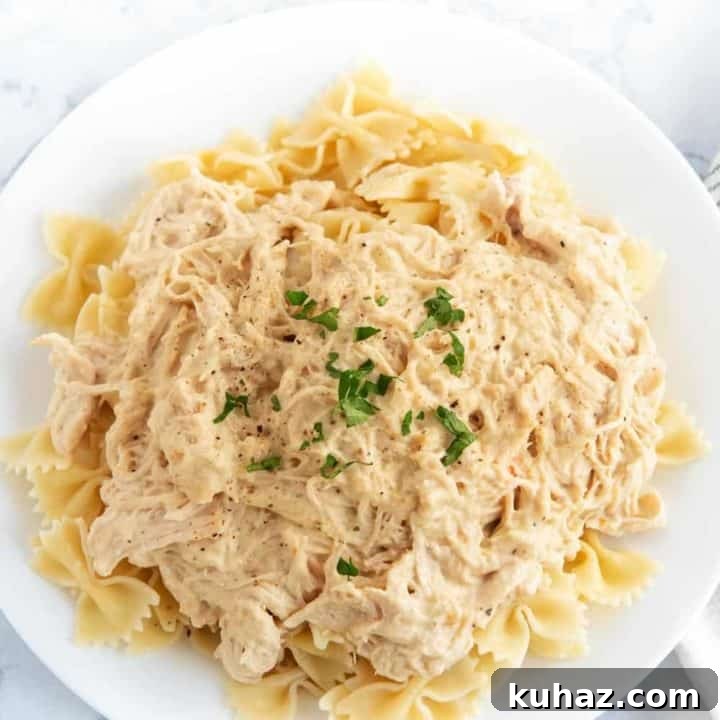 Overhead shot of Italian pasta family dinner on a white plate on white counter.
