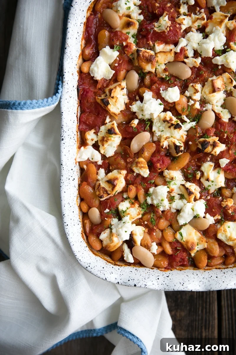 Vegetarian Baked Tomato Beans with Tangy Feta 2 Fiber-filled white beans, sweet tomatoes, and tangy feta make this Tomato Baked Vegetarian Beans with Tangy Feta an easy and healthy anytime dinner loved by the whole family. Serve with homemade parsley pesto and fresh, crusty bread for an unforgettable Meatless Monday dish.