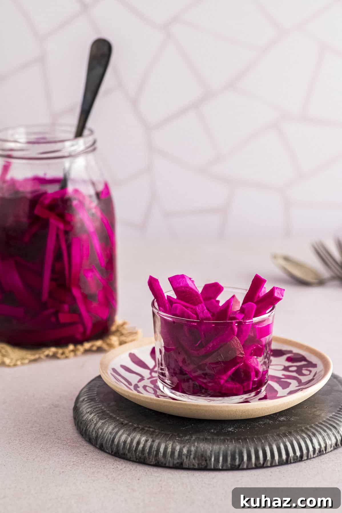 turnip pink pickles in a bowl and in a jar