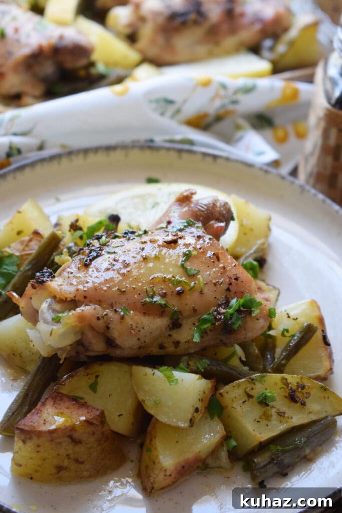Sheet Pan Lemon Herb Chicken with Roasted Vegetables 2 Lemon herb chicken on a plate.
