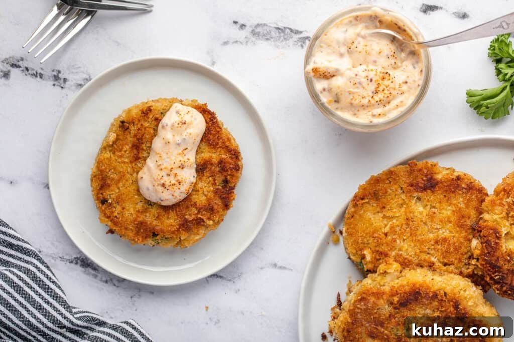 topping crab cakes with remoulade sauce.