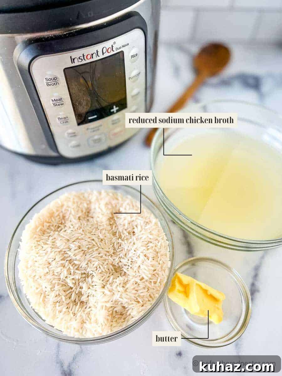 How to Make Fluffy Basmati Rice in an Instant Pot 3 Labeled ingredients for basmati rice recipe.