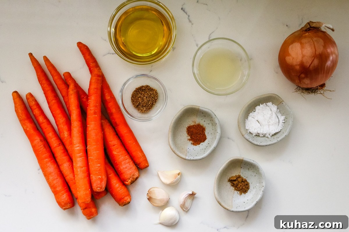 Spicy Morkovcha Korean Carrot Salad Recipe 4 korean carrot salad ingredients in glass dishes.