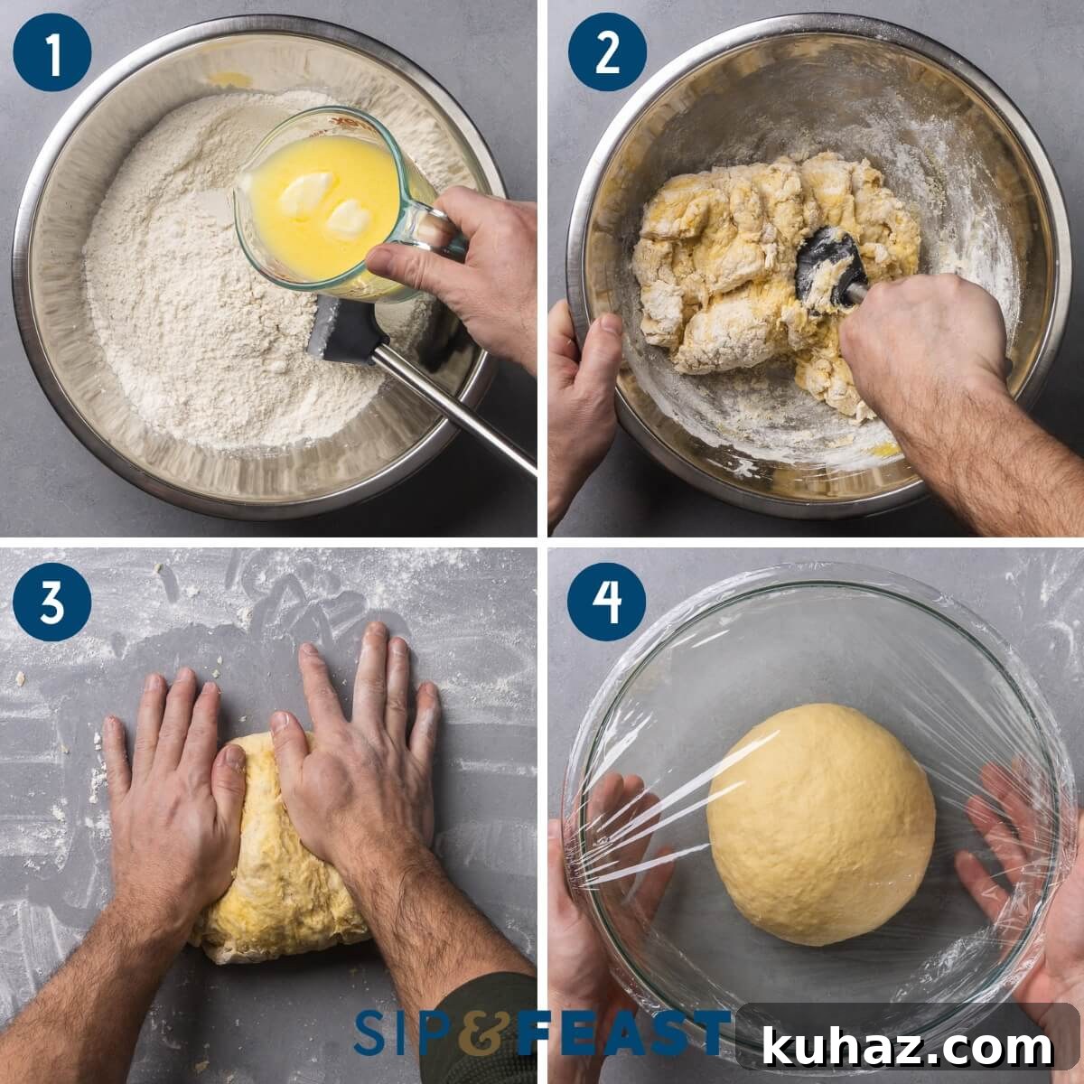 Homemade Gooey Sticky Buns Recipe from Scratch 5 Recipe process shot collage group one showing pouring warm milk and butter into dry ingredients, mixing the dough, kneading the dough, and placing the dough ball into bowl covered with plastic wrap.