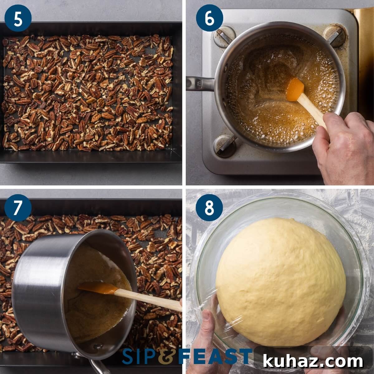 Homemade Gooey Sticky Buns Recipe from Scratch 6 Collage two showing adding the chopped pecans to bottom of baking pan, heating the sugar syrup, pouring the syrup onto the pecans, and holding the proofed dough ball.