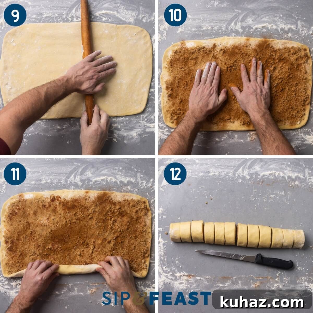 Homemade Gooey Sticky Buns Recipe from Scratch 7 Collage three showing rolling the dough ball into a rectangle, spreading the brown sugar and cinnamon onto the dough, rolling the dough into a tight log, and cutting the log into 12 pieces.