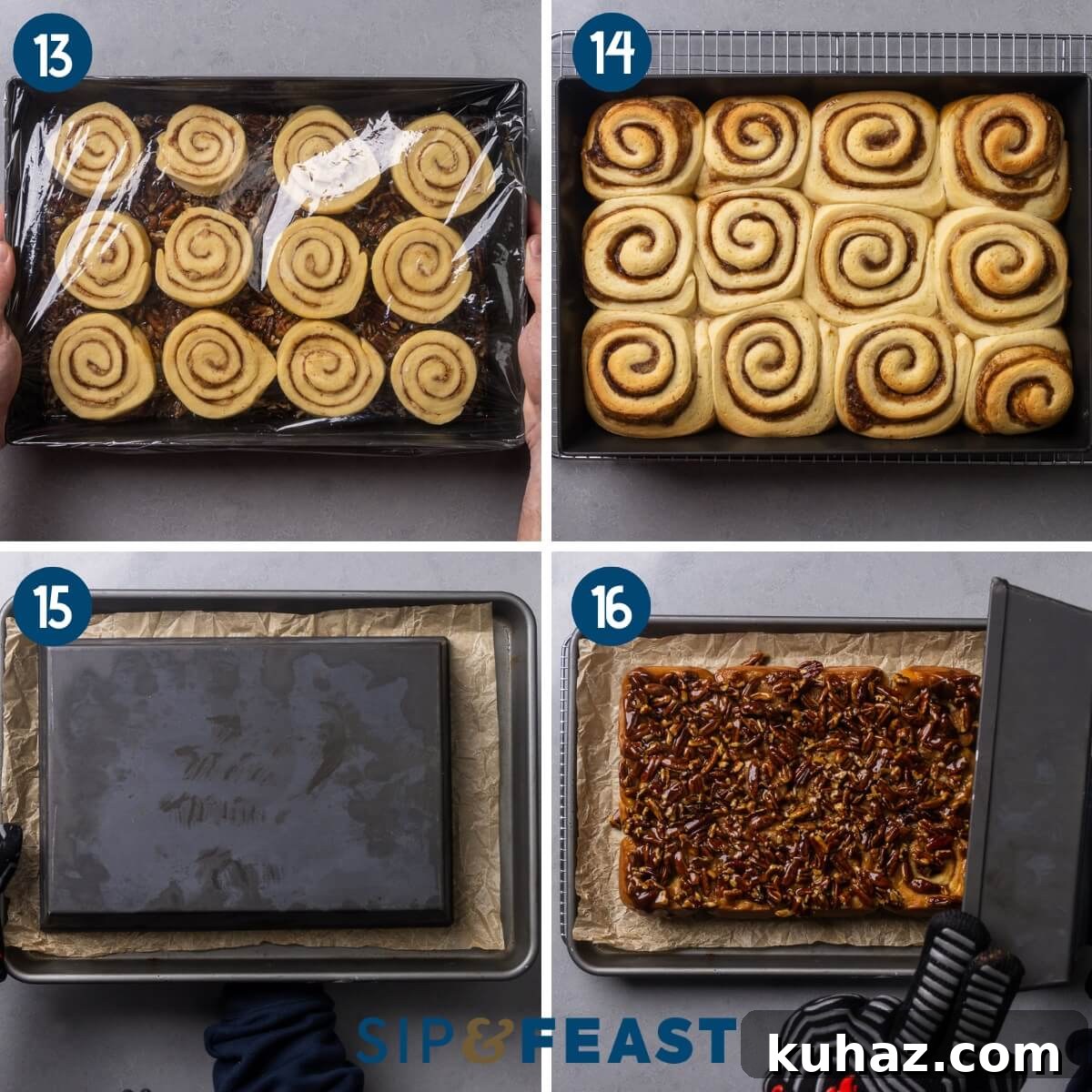 Homemade Gooey Sticky Buns Recipe from Scratch 8 Collage four showing placing the cut rolls into baking pan and covering, the baked buns, and inverting the pan and flipping the sticky buns onto a baking sheet.