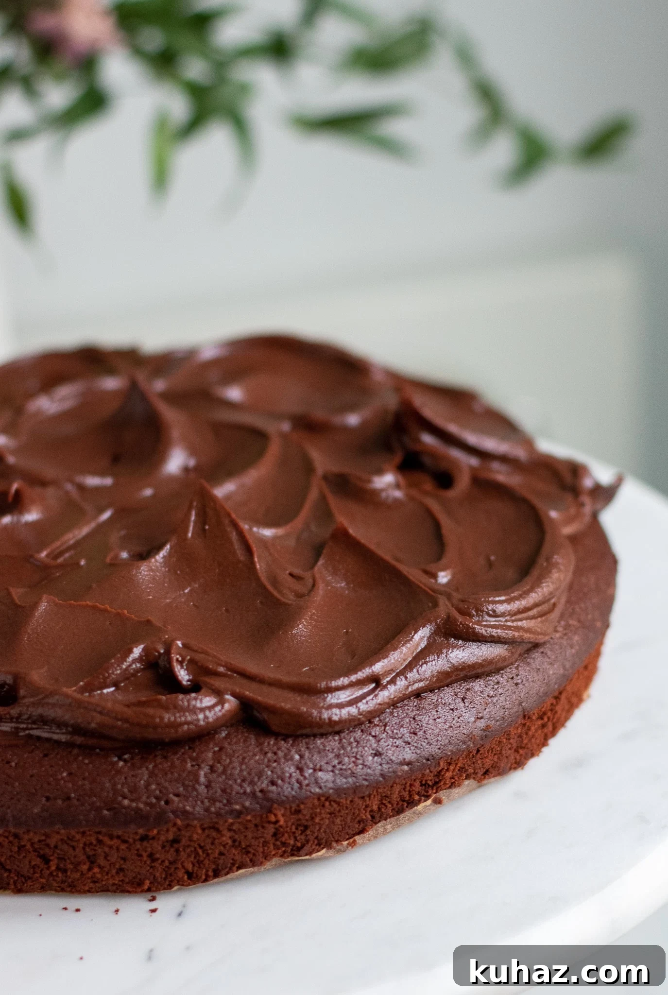 Chocolate cake on a cake stand.