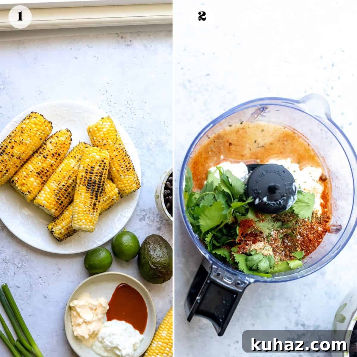Charred corn on a white plate and a small food processor with ingredients. 