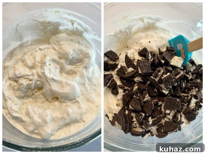 Cake batter for a cookies and cream sheetcake.