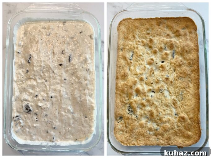 A before and after baked picture of a cookies and cream sheet cake.