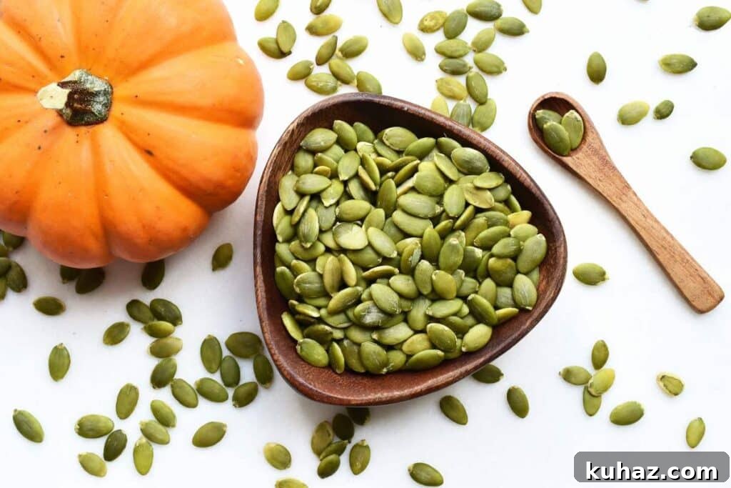 A small wooden bowl of pumpkin seeds on a white background with a pumpkin.