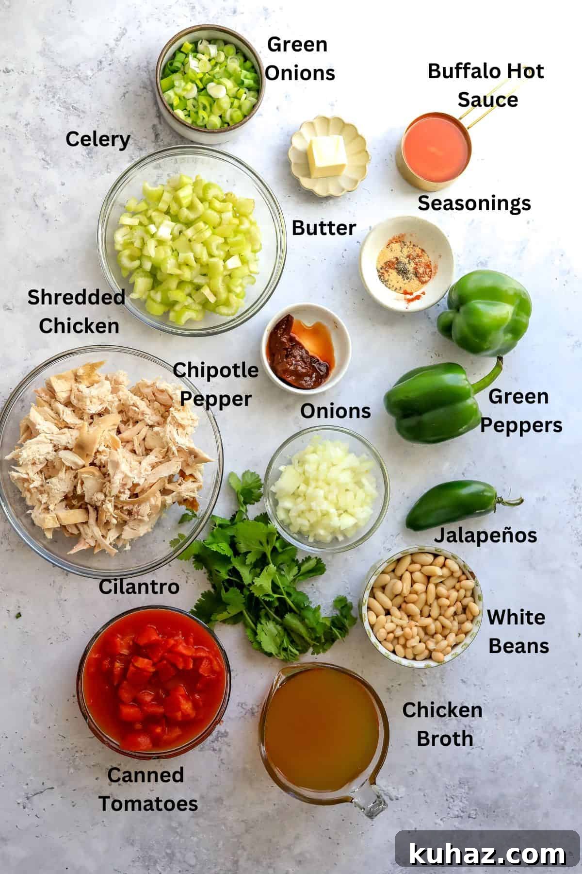Spicy Buffalo Chicken Chili Recipe 3 Ingredients to make this recipe on a counter in glass bowls.