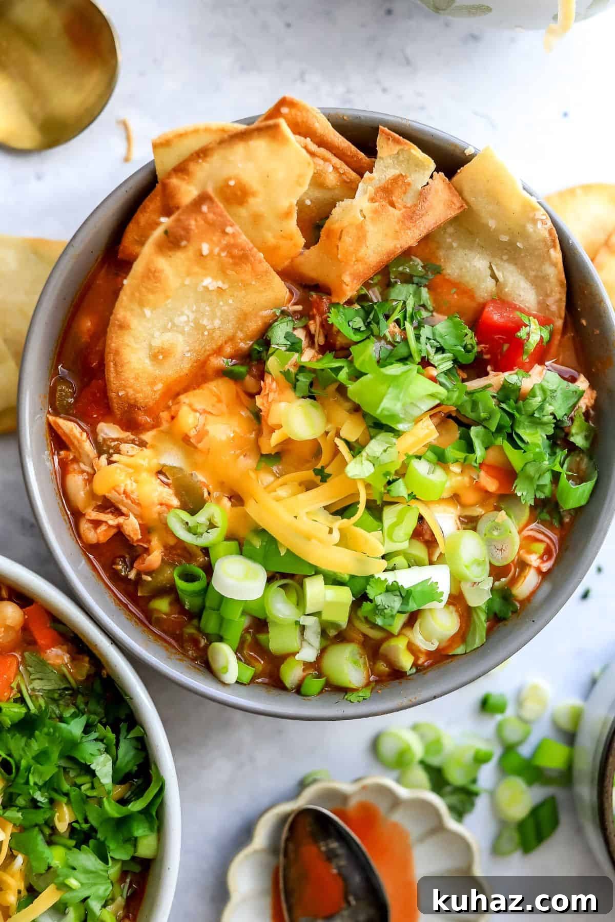 Spicy Buffalo Chicken Chili Recipe 5 Grey ceramic bowl filled with buffalo chicken chili and topped with green onions.