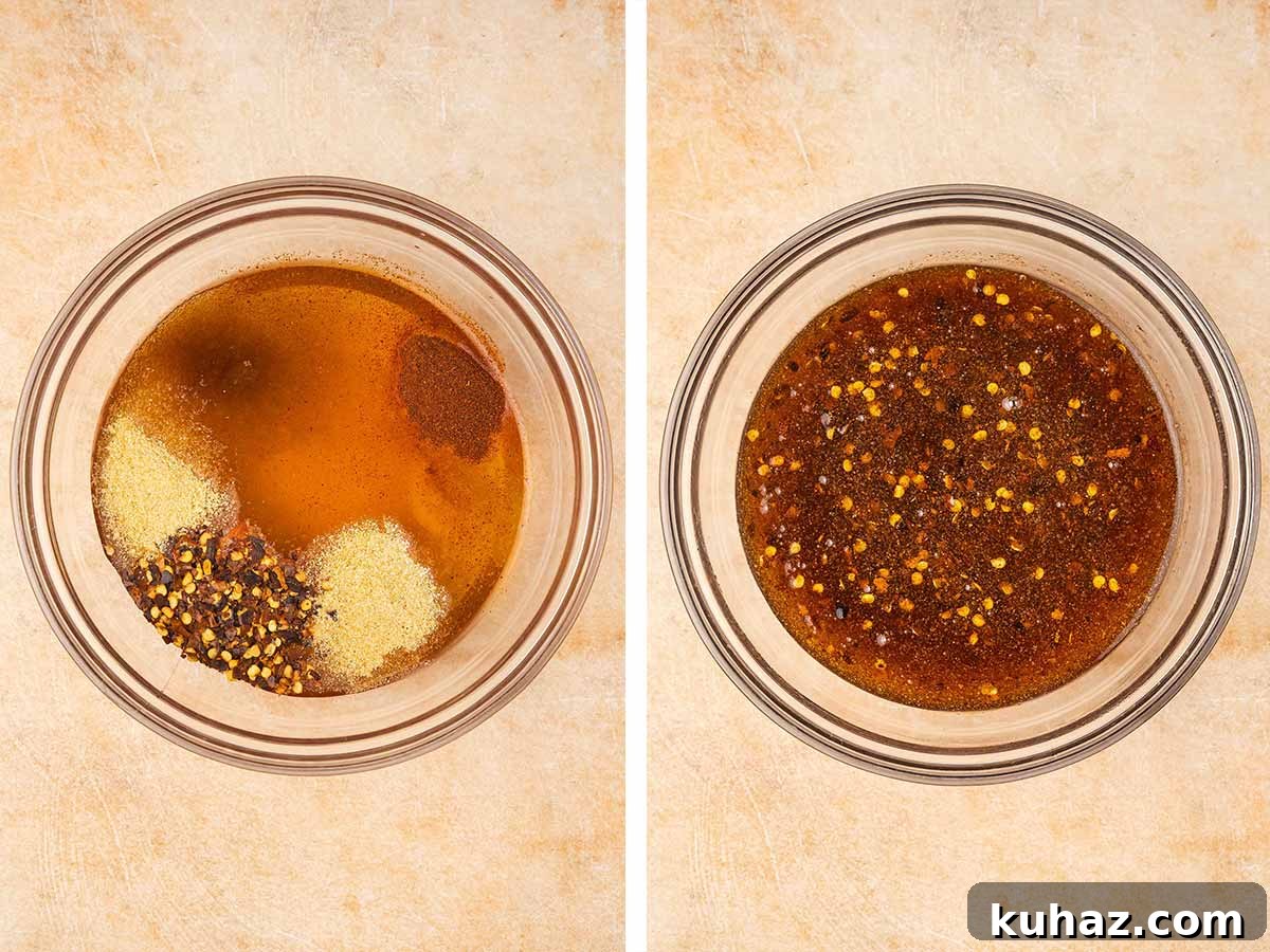 Set of two photos showing hot honey mixture combined in a bowl.
