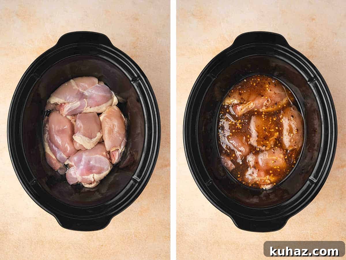 Set of two photos showing boneless, skinless chicken thighs added to a crockpot and the hot honey mixture poured on top.