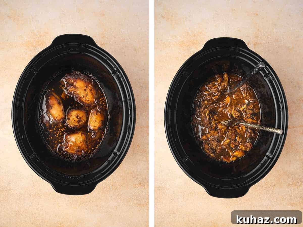 Set of two photos showing cooked chicken thighs in the slow cooker with hot honey sauce and then shredded with two forks.