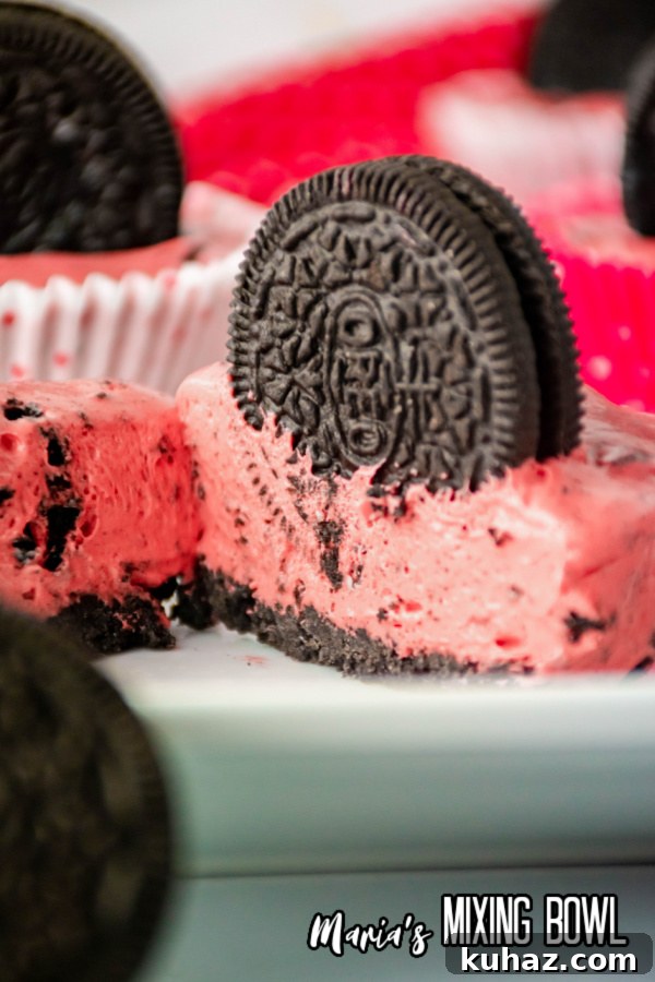 Closeup shot of mini oreo cheesecake cut in half