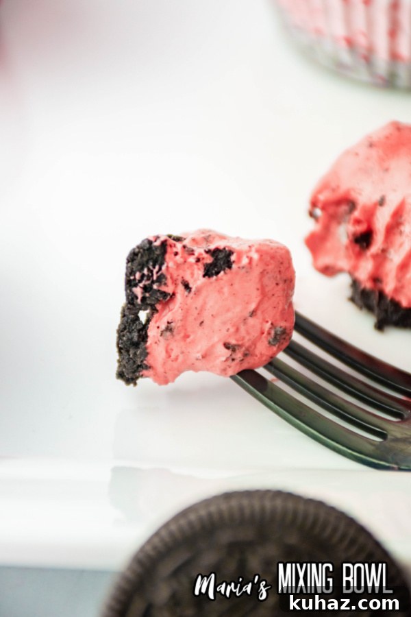 Closeup shot of forkful of no bake mini oreo cheesecake
