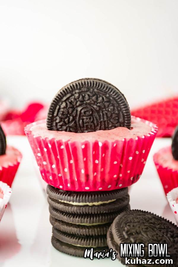 Closeup shot of mini oreo cheesecake sittin on top of stack of oreos