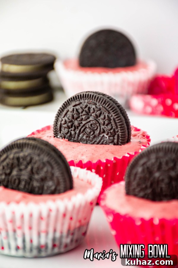 Closeup shot of no bake mini oreo cheesecakes