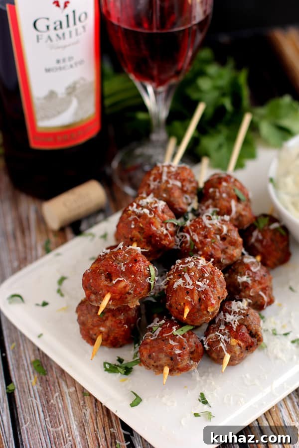 Moscato Glazed Meatball Skewers 4 Spicy Moscato meatball skewers